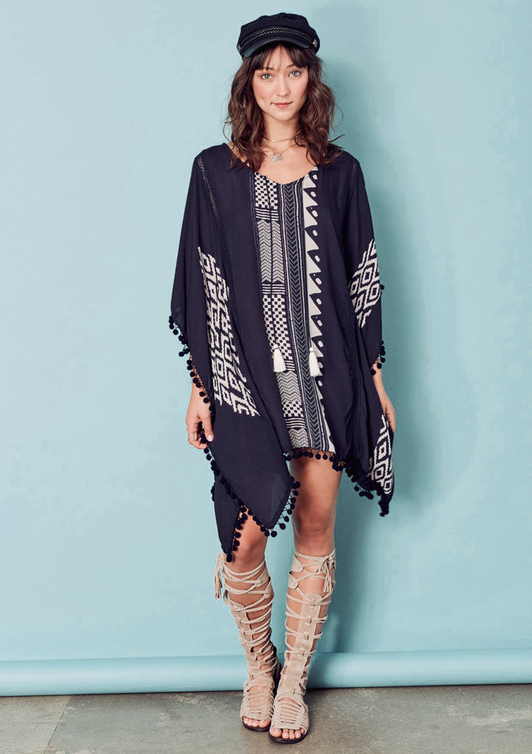 F4737-2 Black Boho Print Pom Pom Trim Tassel Tie Caftan Tunic